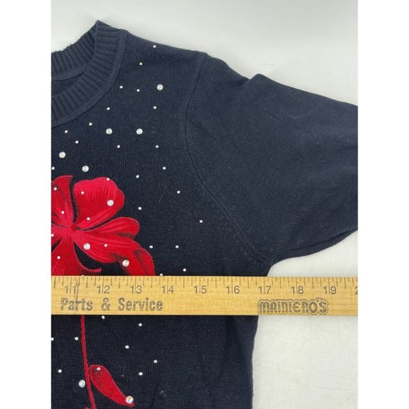C. D. Petites Women's 3/4 Sleeve Black Rhinestone Roses Knit Sweater Size PS - Picture 9 of 11